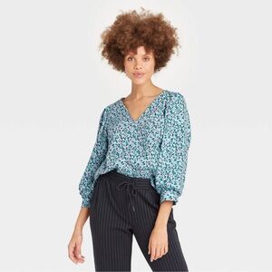 A NEW DAY Floral Voile V Neck Balloon Sleeve Blouse